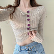 Tight-fitting high-waisted pants short knitted shirt womens autumn thin long-sleeved design feel navel top khaki T-shirt summer