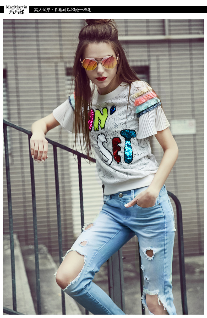 Mama 绨 2018 mùa hè mới thời trang sequins vòng cổ ngắn tay áo ren sexy hollow voan T-Shirt áo sơ mi nữ áo công sở nữ