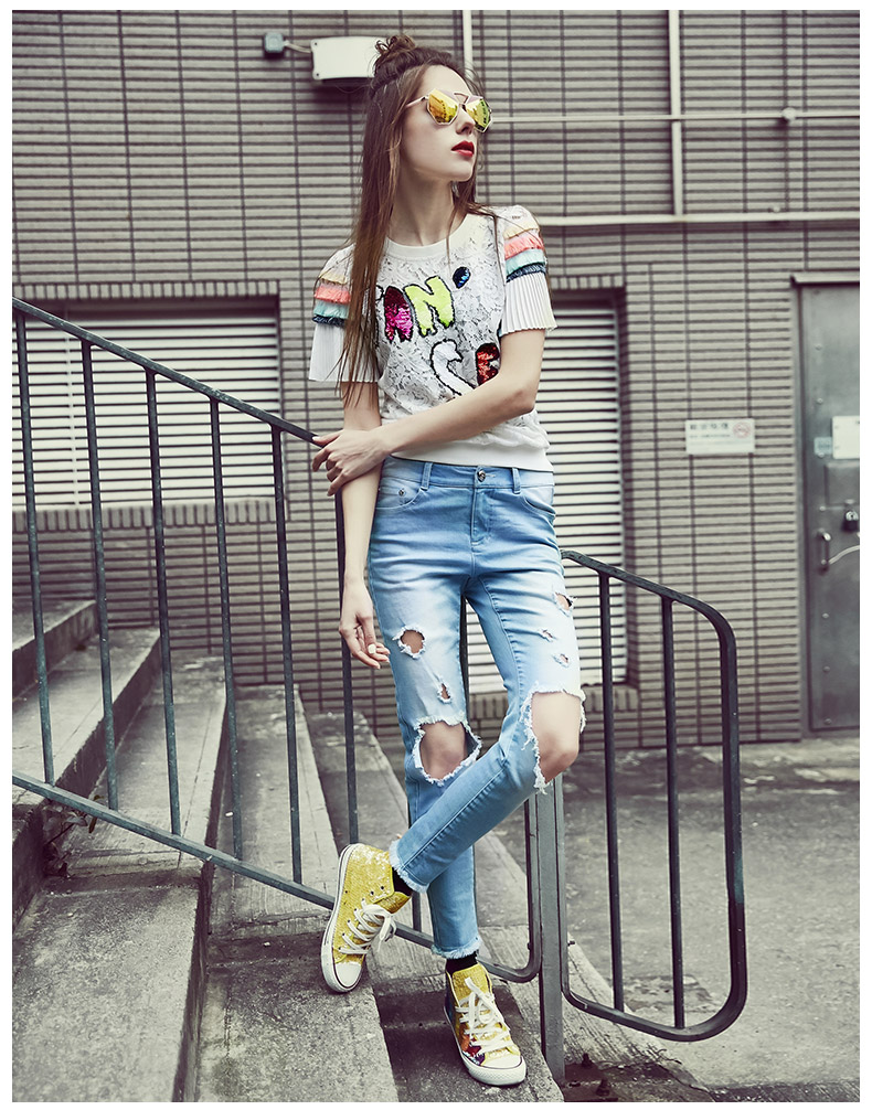 Mama 绨 2018 mùa hè mới thời trang sequins vòng cổ ngắn tay áo ren sexy hollow voan T-Shirt áo sơ mi nữ áo công sở nữ