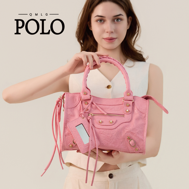 Qmlg Polo Sweet and Cool Gold Rivet Motorcycle Bag for Women, Fashionable Pink Handbag, Crossbody Shoulder Bag