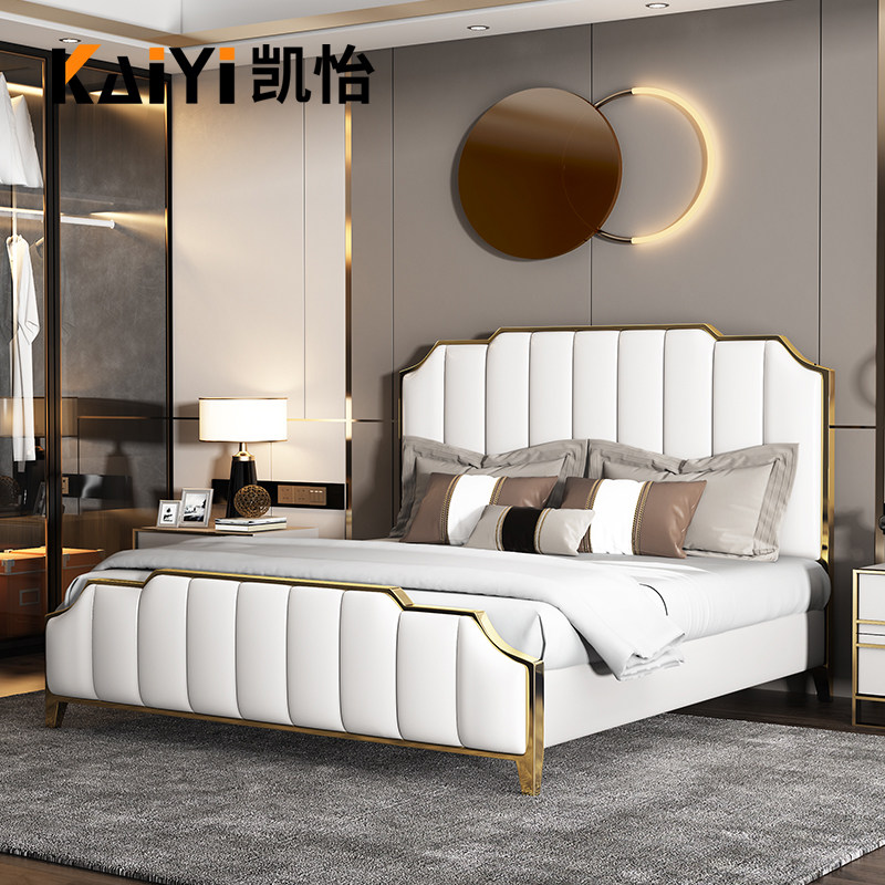 Light extravagant genuine leather bed modern minimalist wind port type atmosphere double 2 m 2 2 main bedroom with big bed wedding bed tech cloth high foot
