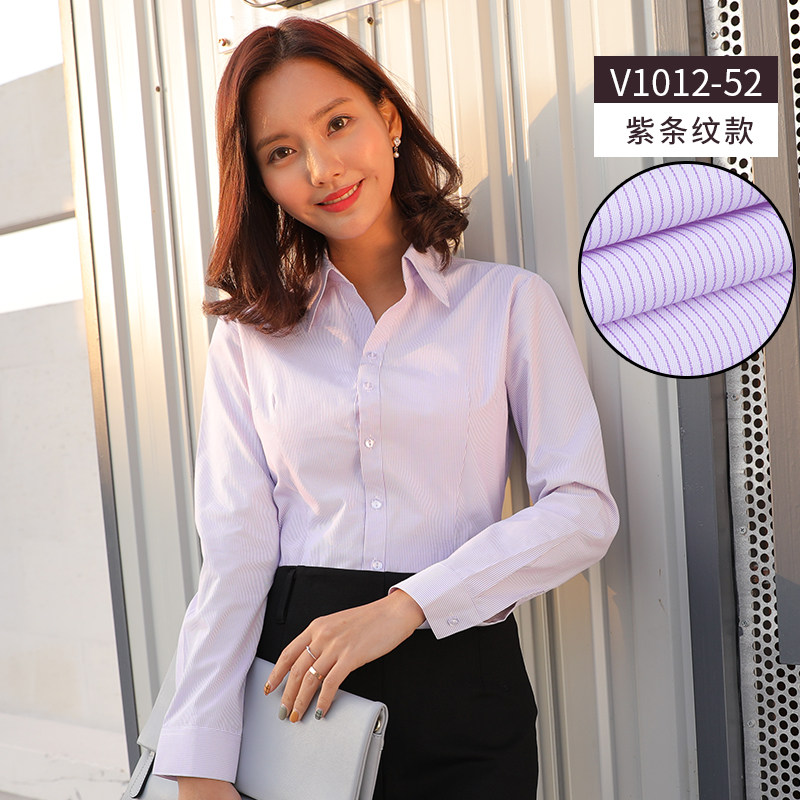 Spring long-sleeved shirt ladies purple striped business professional tooling shirt female V-neck commuting ol bottoming inch fir