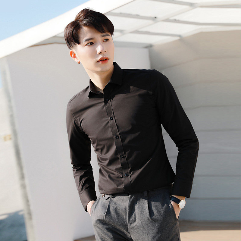 Autumn thin long-sleeved shirt men's pure black youth business casual professional tooling color shirt men's inch shirt to work