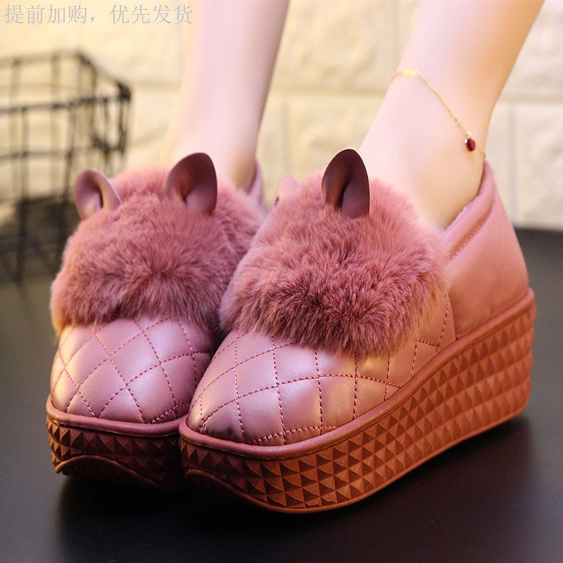 Winter high-heeled cotton shoes women cute thick-soled home slippers Slope heel non-slip waterproof warm leather moon cotton shoes women