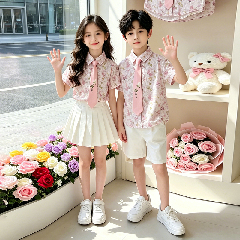 Boys' Hong Kong Style High-End Butterfly Flower Shirt Set, Children's 80S Girls' Retro Runway Floral Shirt for Photoshoot