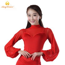 Amy dance dress modern dance top womens high collar slim lantern sleeves perspective sexy long sleeve dance clothes practice clothes