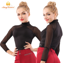 Amy dance dress Latin dance top womens adult new practice suit slim high collar short long sleeve ballroom dance clothing