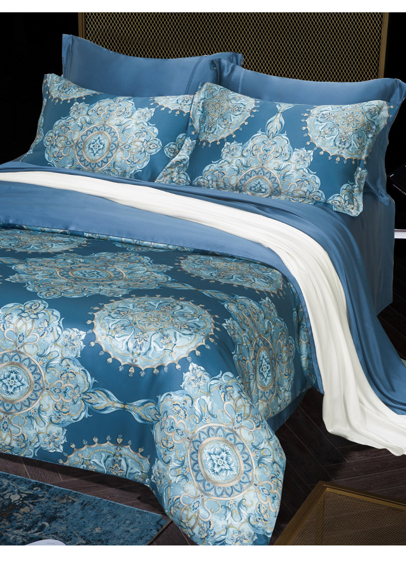 Theo sợi Bella / BOWEINA gia đình bốn 100% lụa tơ tằm in lụa rộng giường gói - Bộ đồ giường bốn mảnh bộ chăn ga gối đệm cưới