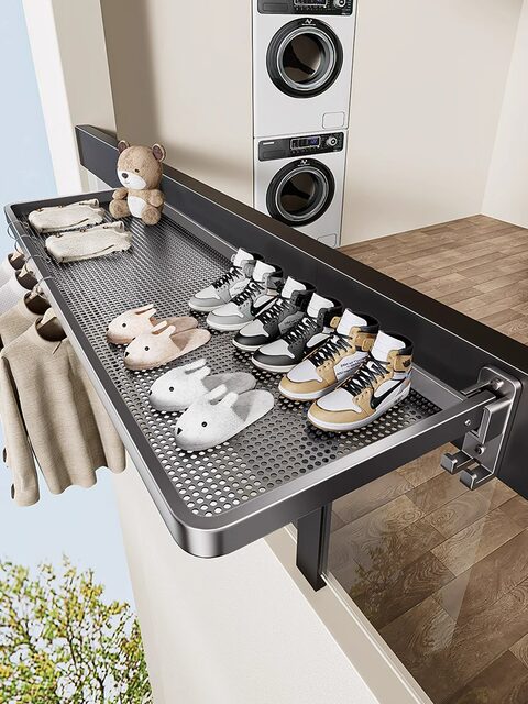 Folding clothes drying rack invisible balcony shoe drying rack bay window indoor space aluminum punch-free socks drying clothes drying artifact