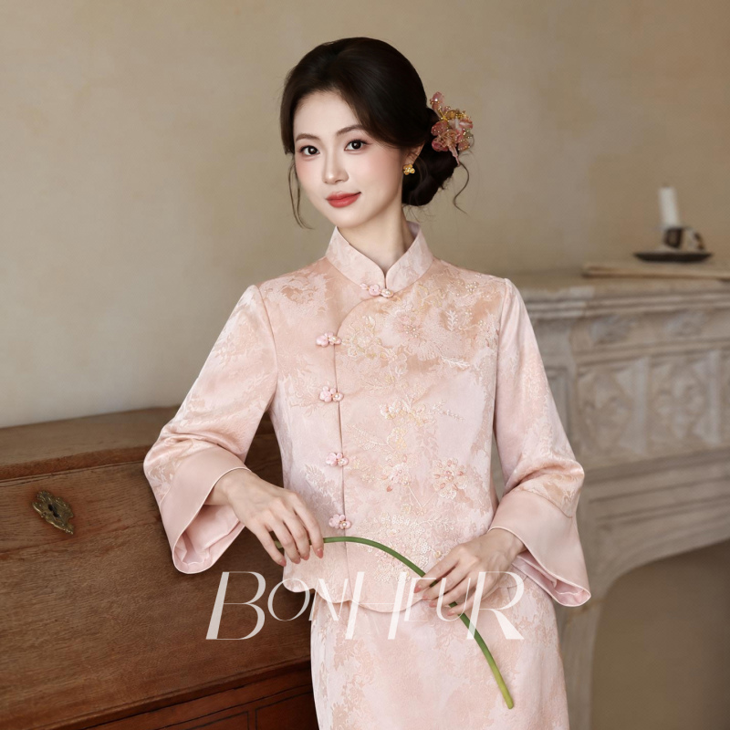 Bonheur Engagement Dress "Wanru" Pink Bride Petite New Chinese Style Toast Dress Long-Sleeved Dress Bonheur Engagement Dress "Wanru" Pink Bride Petite New Chinese Style Toast Dress Long-Sleeved Dress