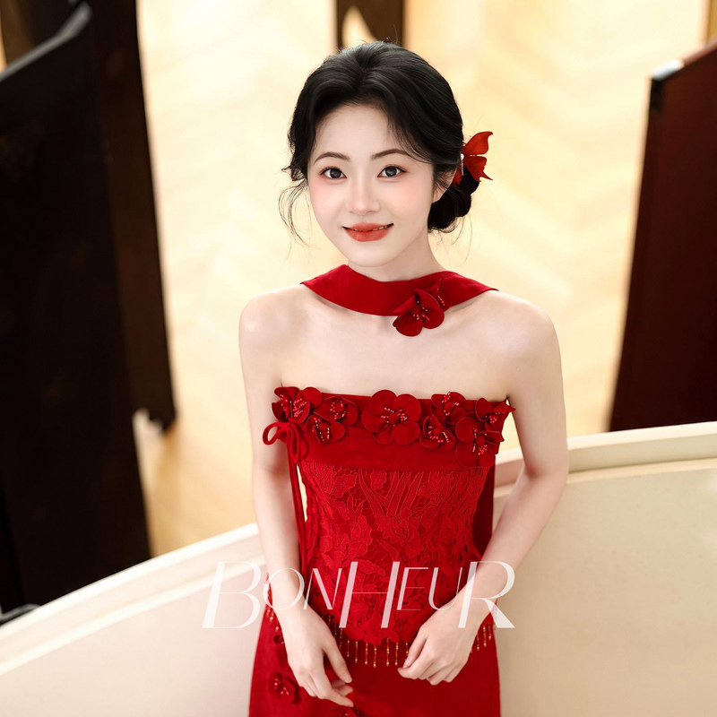 Bonheur Engagement Dress "Red Kite" Red New Chinese Style Bride Halter Neck Stunning Toast Dress Niche High-End