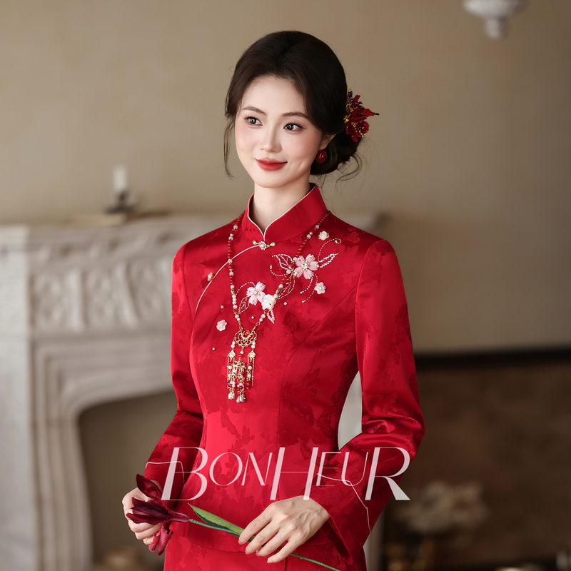 Bonheur Engagement Dress "Jialan" New Chinese-Style Red Modified Cheongsam Bride Wedding Toast Dress Long Sleeves