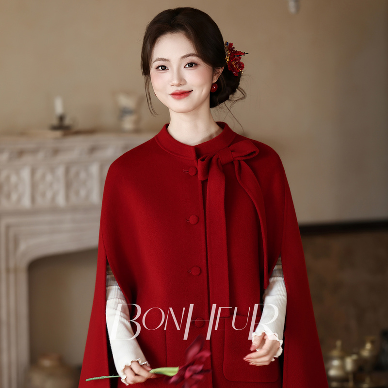Bonheur Engagement Dress "Lianqiu" Bride Wedding Woolen Red Coat Cape Double-Sided Woolen Suit