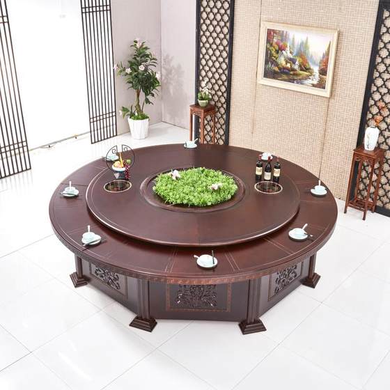 The hotel's new Zhengshe electric hot pot table induction cooker integrated box 15 people solid wood hotel large belt turntable