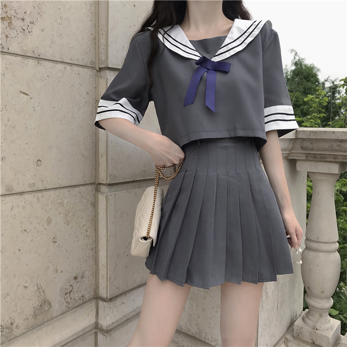 VK旗艦店 韓國海軍風領短袖百褶裙套裝短袖裙裝