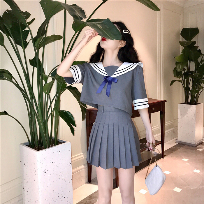 VK旗艦店 韓國海軍風領短袖百褶裙套裝短袖裙裝