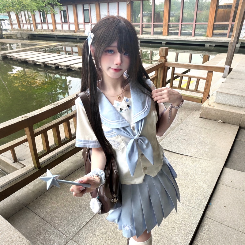 [Sweet Meow] Xiao Su Bei Jk Sailor Uniform Original Authentic Short-Sleeve Blue Top Waist-Cinching Slimming College Style Outfit