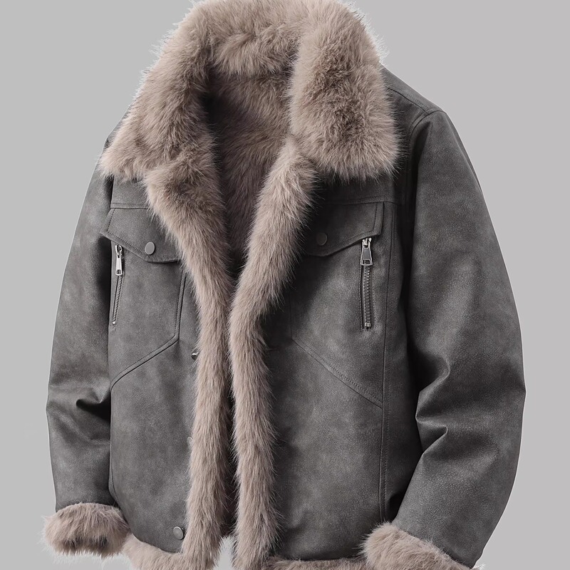 Men's Winter Fur-Lined and Thickened Leather Jacket, Reversible Leather Coat, Loose Faux Fox Fur Jacket