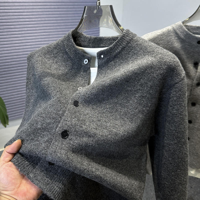 High-End Solid Color Cardigan Men's Knit Sweater Jacket Autumn and Winter Men's Round Neck Casual Sweater Trendy