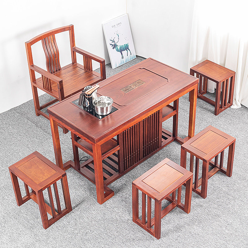 Flowers pear wood large board original solid wood red wood office meeting table furniture table and chairs combination suit tea table tea table 