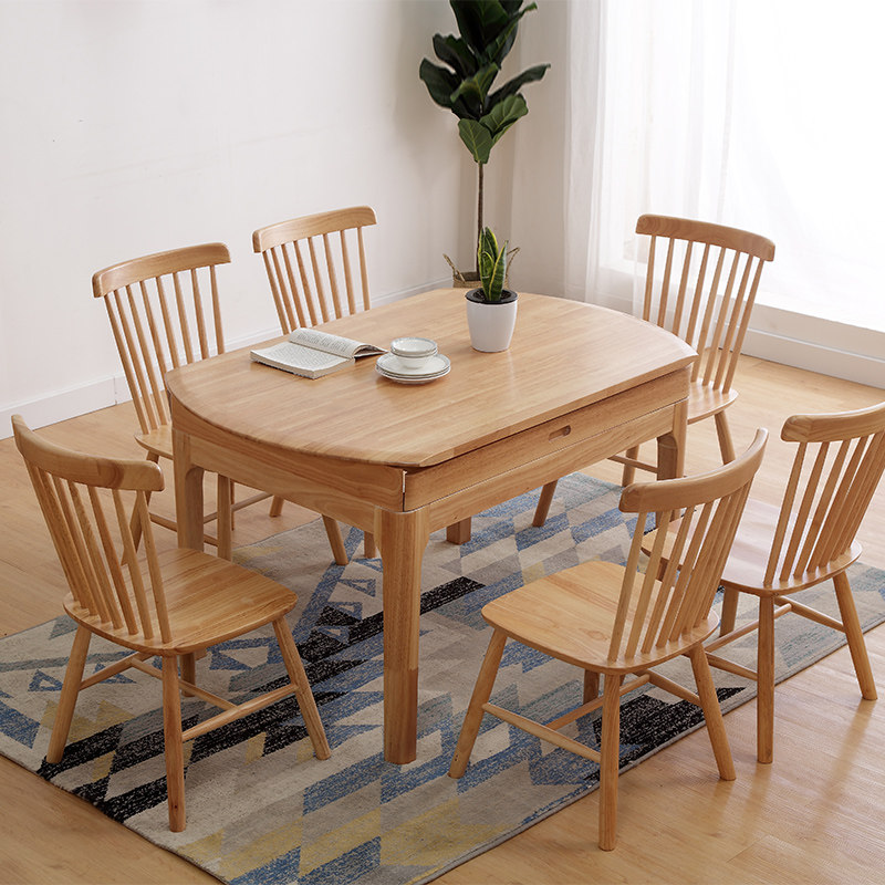 Nordic full solid wood table modern minimalist folding telescopic round table home small family table dining table and chairs combination