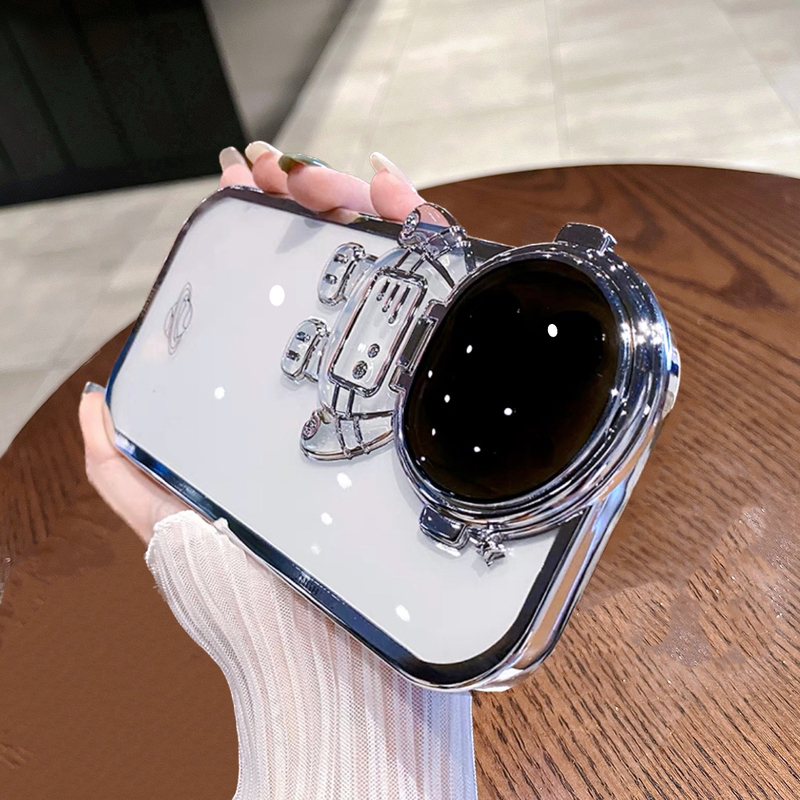 Astronaut Lens Holder Compatible with Apple 14 Pro Max Phone Case, New Trendy Brand, iPhone 15 Internet Celebrity Couple Style, Creative 13 Full Protection Anti-Drop 12 Transparent Soft Silicone 11 High-End Feel for Men and Women