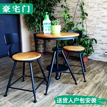  Retro solid wood wrought iron leisure dining table and chair combination Bar balcony table and chair creative cafe small round table three-piece set