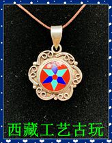  Tibet Nepal craft sterling silver inlaid coral turquoise lapis lazuli lotus necklace pendant