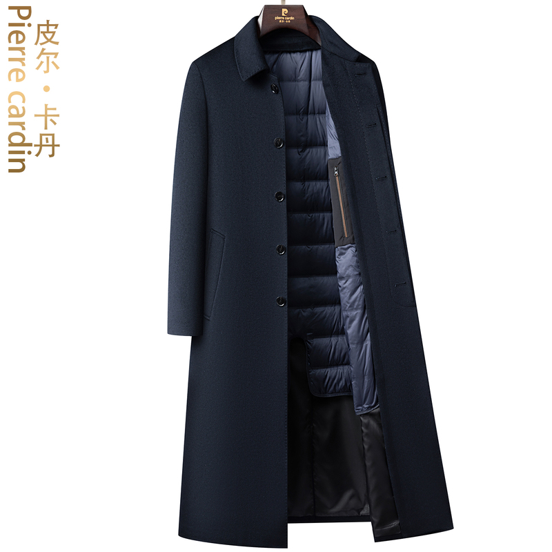 Pierre Cardin Men's Cashmere Coat Long Over-The-Knee Winter down Business Lapel Woolen Trench Coat