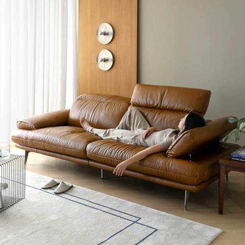 Скандинавское выражение, стиль средневековья, первый слой, коровья кожа, регулируемая высокая спинка, надежная голова, полный кожаный диван карамельного цвета