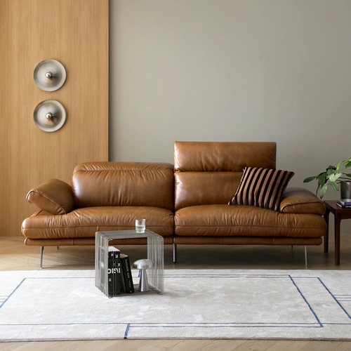 Скандинавское выражение, стиль средневековья, первый слой, коровья кожа, регулируемая высокая спинка, надежная голова, полный кожаный диван карамельного цвета