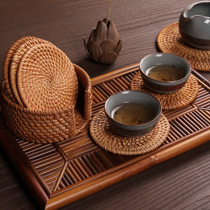 Vietnam old autumn rattan chic cup cushion tea cushion suit handwoven jug cushion square round 10 tea road Japanese style heat insulation mat