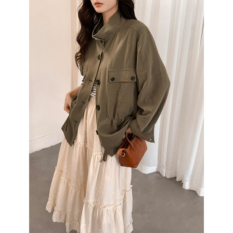 Khaki Loose Linen Sun-Protective Windbreaker for Women 2026 Spring and Autumn New Style Petite Drawstring Thin Jacket Work Shirt Khaki Loose Linen Sun-Protective Windbreaker for Women 2026 Spring and Autumn New Style Petite Drawstring Thin Jacket Work Shirt