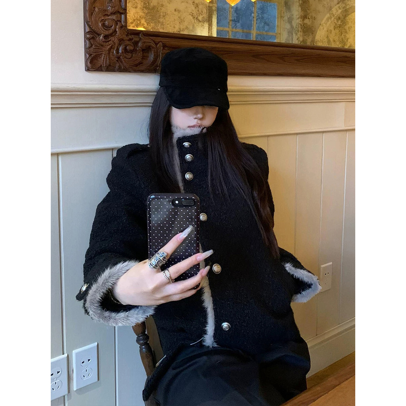 Warm and Thick Black Stand-Up Collar Short Woolen Coat for Women 2026 Winter New Style Petite Looped Cashmere Woolen Jacket Warm and Thick Black Stand-Up Collar Short Woolen Coat for Women 2026 Winter New Style Petite Looped Cashmere Woolen Jacket