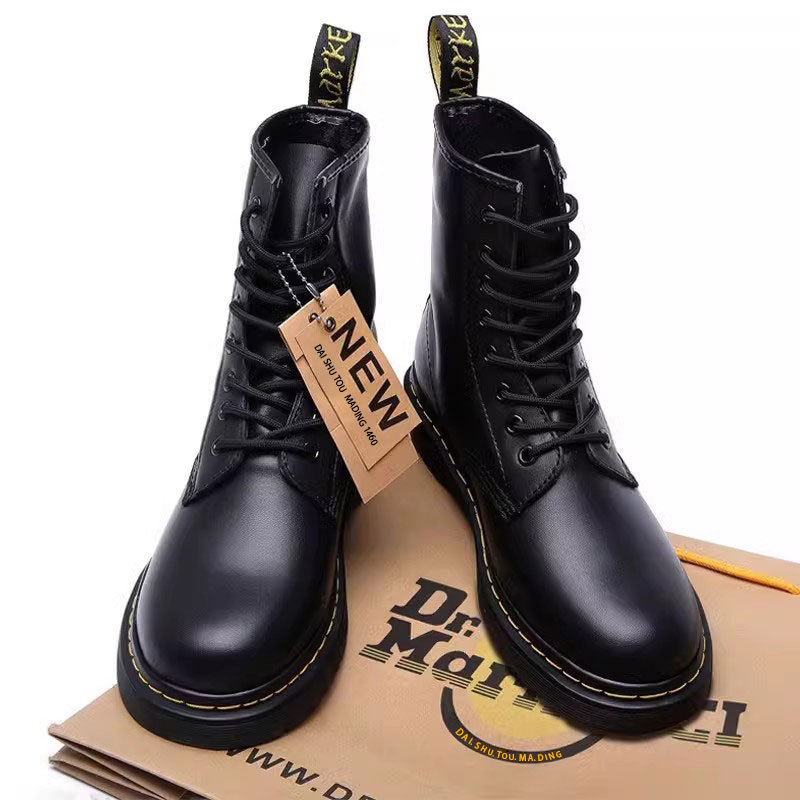 Martin Boots Men's High-Top British Style Korean Version Genuine Leather Work Boots Motorcycle Leather Shoes Autumn and Winter Mid-Top Black Men's Shoes