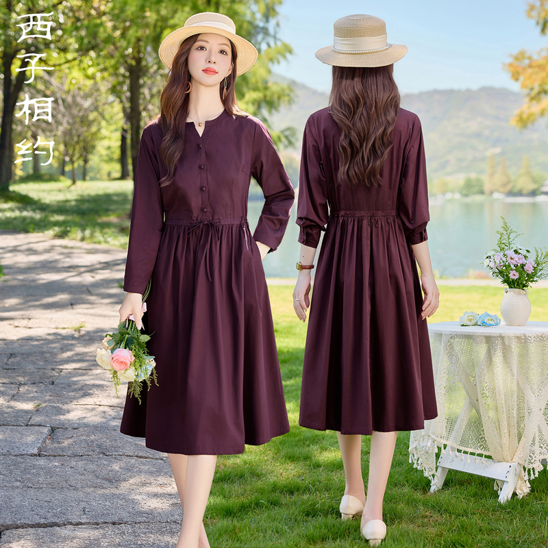 High-End Retro Red Pure Cotton Long-Sleeved Dress for Women, Mid-Length, 2026 Spring New Style, Waist-Cinching Slimming Dress