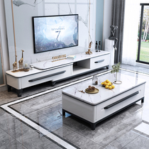 Marble coffee table TV cabinet combination Modern simple small apartment light luxury living room retractable solid wood tea table set
