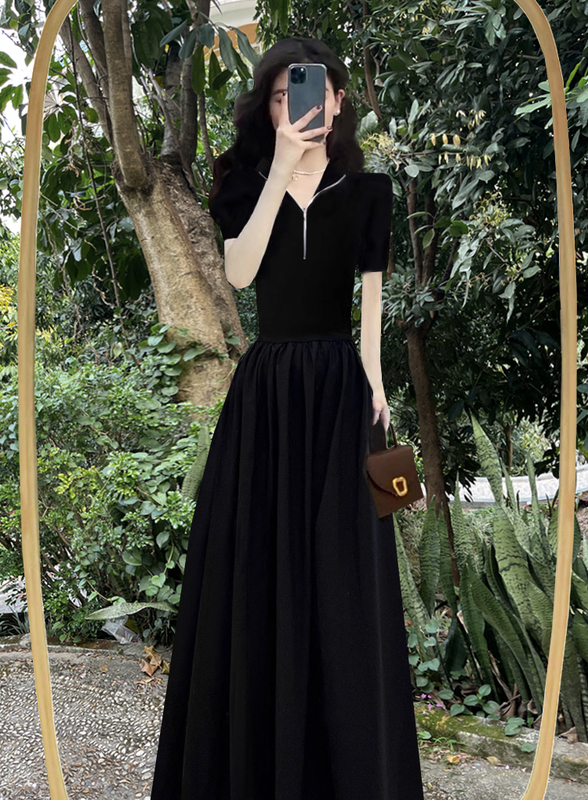 French Hepburn Style Black Short-Sleeved Dress for Women 2026 Summer New Waist-Cinching Little Black Dress Elegant Long Dress