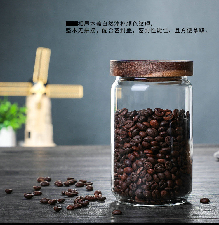 Japanese glass sealed jar of coffee bean storage tanks of household grain storage tank caddy fixings large acacia wood lid