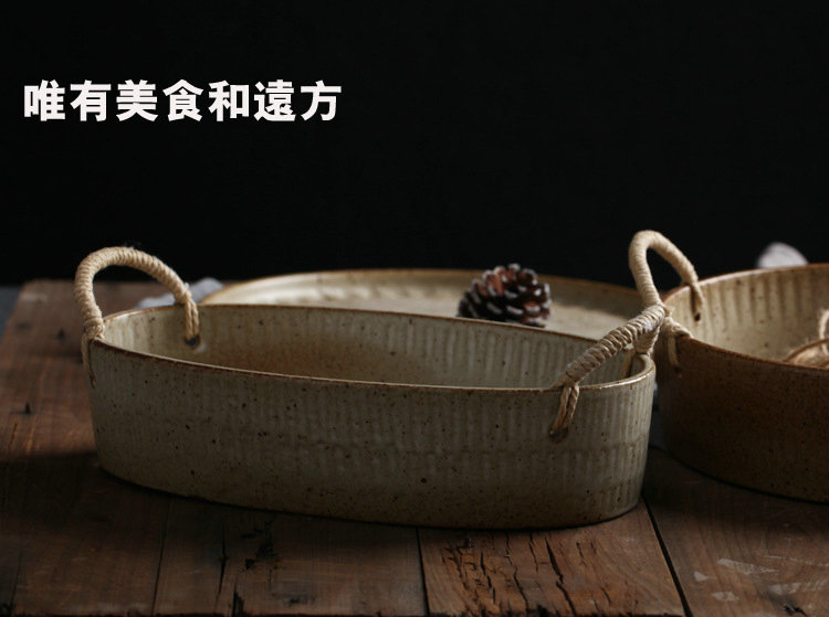 Japanese style restoring ancient ways of coarse pottery hemp rope deep dish fruit bowl artificial oval fruit plate ceramic tableware soup basin portable fish plate
