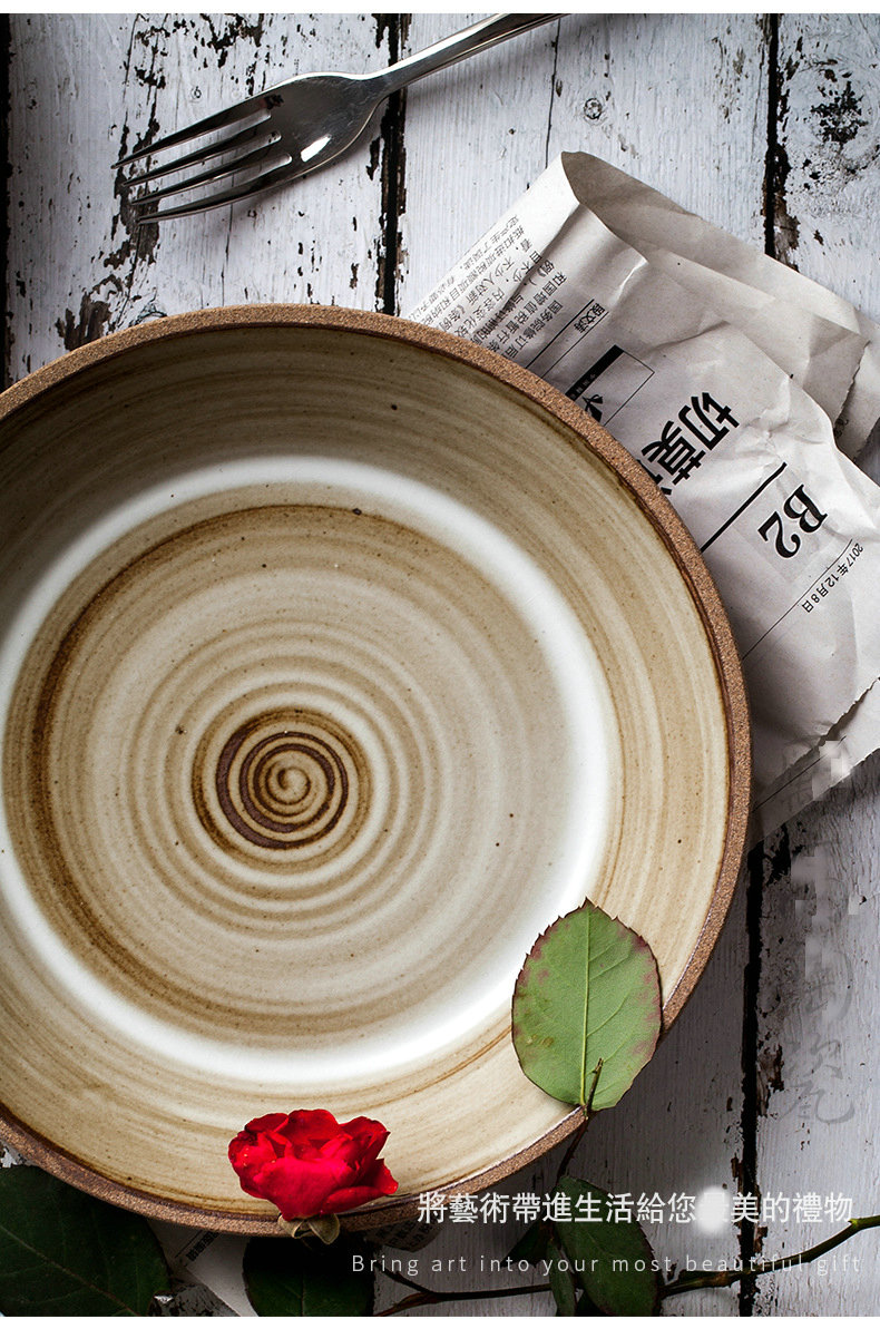 Japanese hand - made ceramic old western soup plate spiral shallow dish retro coarse ceramic tableware household jobs hemp rope fish dish