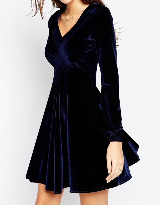 New V-Neck Bell-Sleeve Blue Korean Imported Velvet Dress, Slim Fit, Plus Size, Elegant Hostess Dress