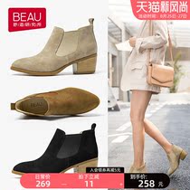  BEAU new autumn and winter Chelsea booties womens mid-heel leather thick-heeled ankle boots British style retro boots womens booties