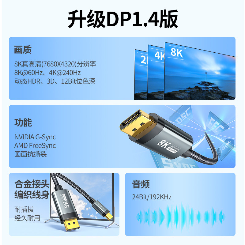 Darewin Type-C to Dp1.4 Cable 8K High-Definition 165Hz Mobile Phone Display Same-Screen Adapter 1.2 Laptop External Conversion Connection Usb-C Interface Expansion 4K144