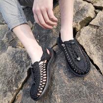  Breathable mens shoes sandals mens leather summer outdoor non-slip Korean beach shoes mens Roman shoes student woven shoes