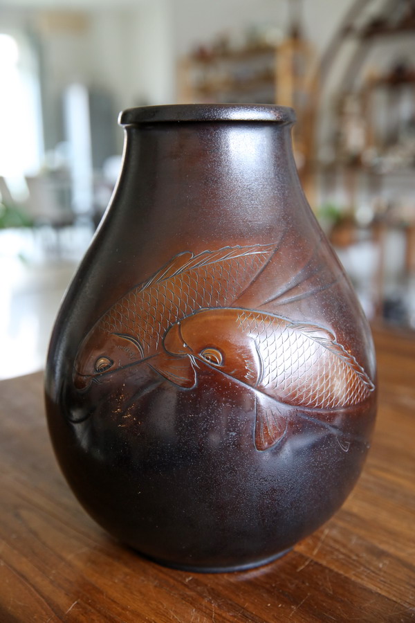 佐野宏采造 彫金花文銅花瓶 牡丹/梅/菊 銅器 C223 1FP8 【公式通販】