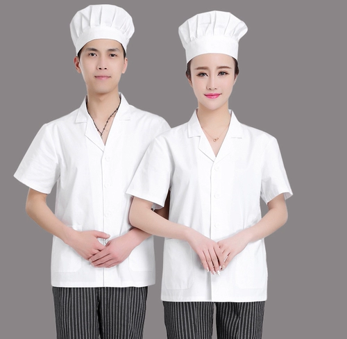 [超薄的确良厨师服短袖透气夏季男学校食堂白色翻领工作服食品服]