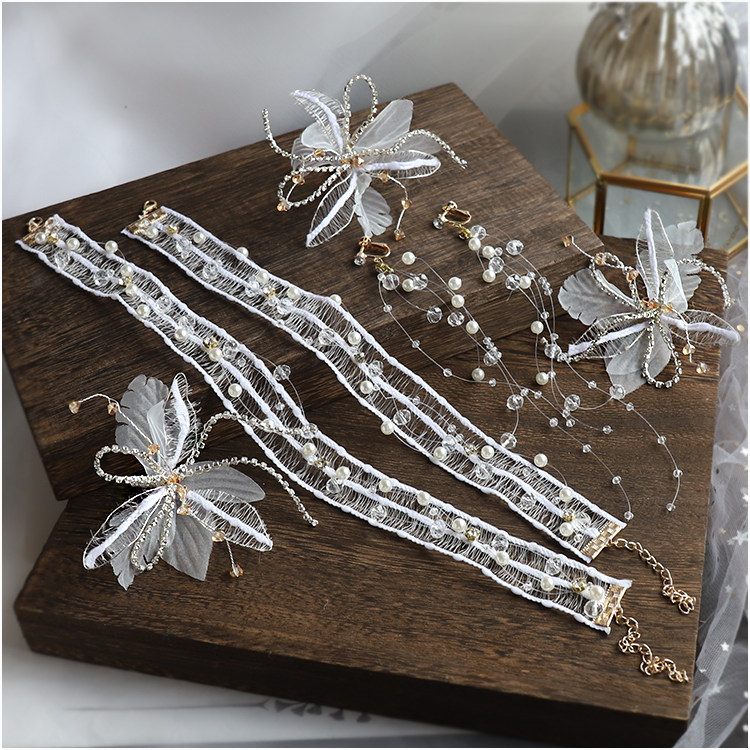Korean bride super fairy flower hair band neck flower headdress earrings set Simple temperament wedding dress accessories