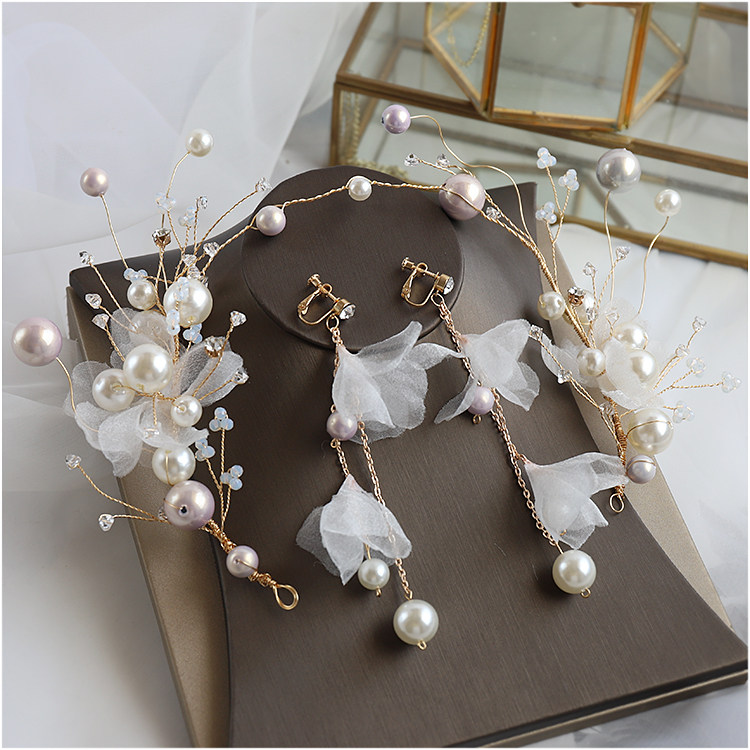 Beautiful purple pearl yarn flower bridal headdress Super fairy beaded hair band Korean wedding accessories Forest modeling jewelry