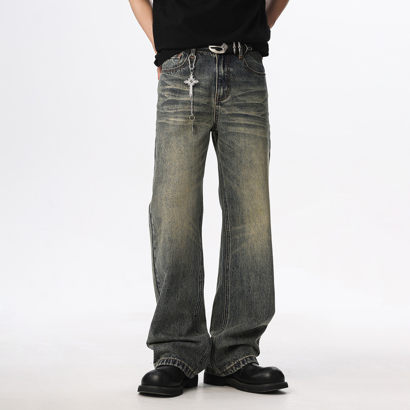 2026 Vintage Distressed Flared Jeans for Men with Whiskered Wash, Clean Fit, Drapey, Loose High Street Dad-Style Long Pants